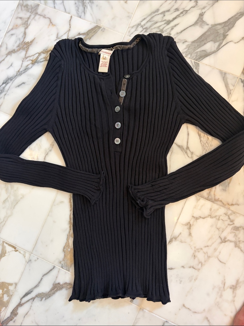Sundance Black Ribbed Long-Sleeve Henley. NWOT